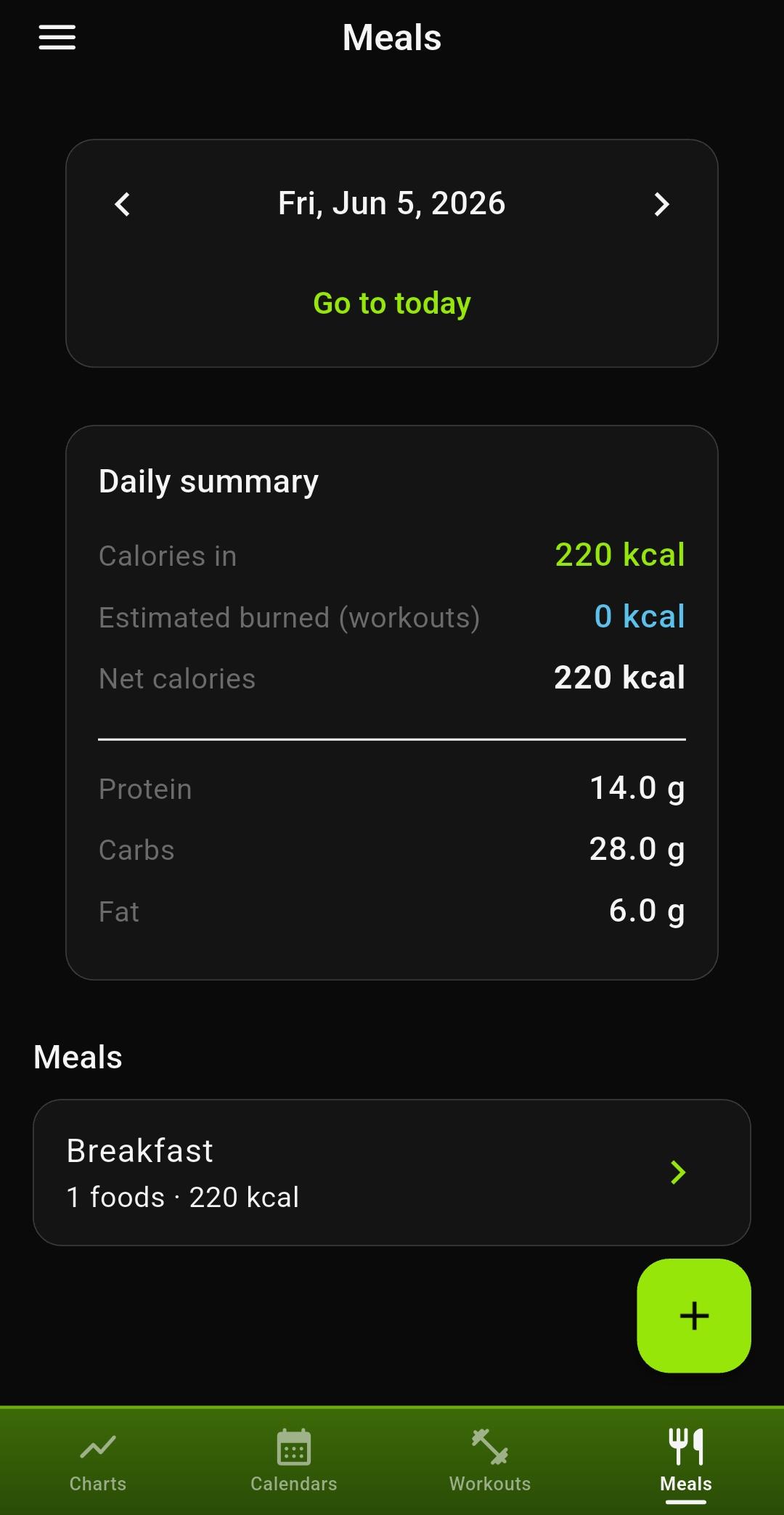 PumpReps meal and calorie tracking screenshot